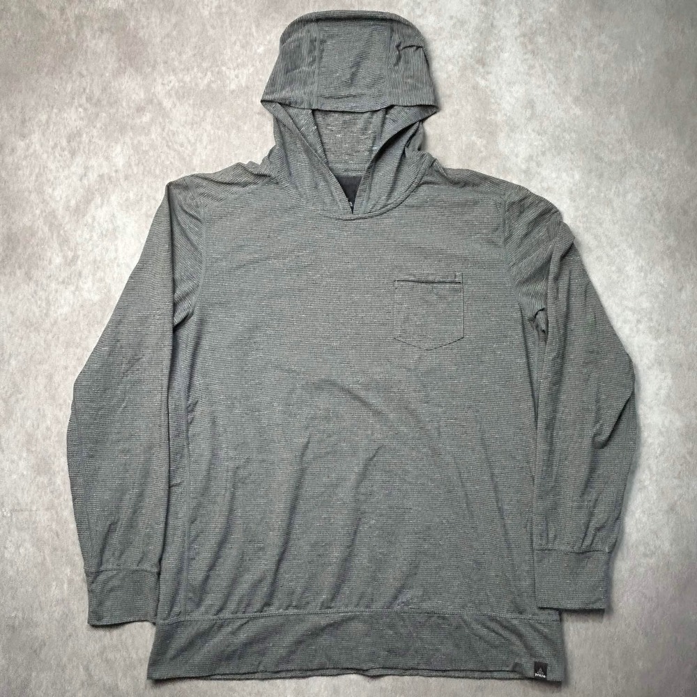 Prana Mens XL Gray Striped Hooded Long Sleeve Shirt Lightweight Pocket Pullover